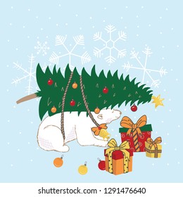 Polar Bear with Christmas Tree on Back Vector Holiday Illustration Design
