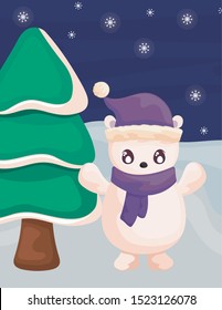 polar bear with christmas tree on winter landscape vector illustration design