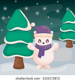 polar bear with christmas tree on winter landscape vector illustration design