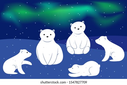 polar bear, a collection of cute animals. vector illustration. winter sky with Northern lights.