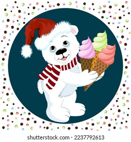 Polar bear and colorful ice cream.Vector illustration with colorful ice cream in the paws of a polar bear on a colored background.