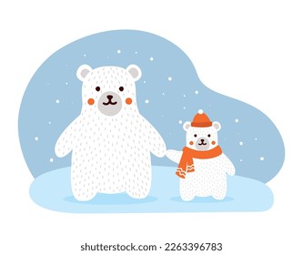 Concepto de oso polar. Madre e hijo con sombrero rojo y bufanda bajo nevadas, animales árticos. Predador y mamífero. Temporada de invierno y clima frío, paisaje de hielo. Dibujo vectorial plano de dibujos animados