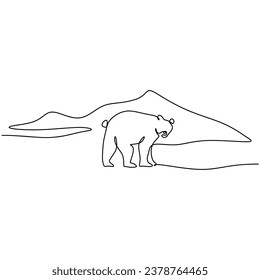 Polar bear continuous line drawing. One single outline with mountain. Vector illustration isolated on white background. Minimalist design handdrawn.