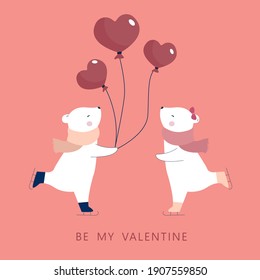 Polar bear couple with heart shape balloon and "Be My Valentine" word. Valentine's day concept.