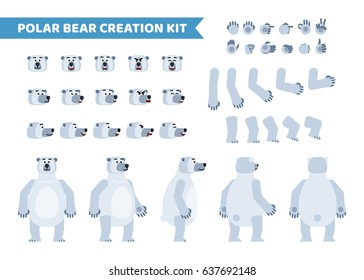 Polar bear creation set. Various gestures, emotions, diverse poses, views. Create your own pose, animation. Flat style vector illustration