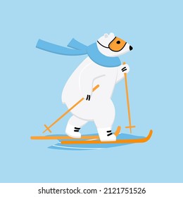 Polar bear cross-country skiing. Ski race outside winter sport concept. Vector cartoon illustration.