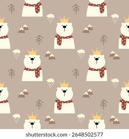 Caricatura do lenço da coroa do urso polar tão fofo. Na nuvem de árvore neve montanha fundo marrom. Ilustração de vetor uniforme de padrão. 