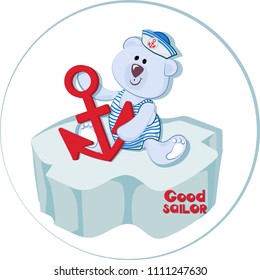  Polar bear cub with an anchor on the ice floe. Good sailor.  Funny bear-baby. Emblem for children's textiles, for children's albums, packing toys with marine themes. Time of adventure and sea travel.