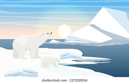 Polar bear and cub by the ocean. Iceberg in the water. North Sea or Ocean with frozen water. Ice and shore in the snow. Realistic Vector Landscape