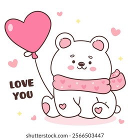 Polar bear cub card valentine animals holding heart balloon (Cute cartoon). Series: kawaii sticker whimsical characters. Perfect for romantic wedding vector Flat clipart banner t shirt design.