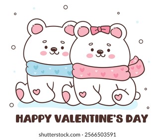 Polar bear cub card valentine animals couple holding heart balloon (Cute cartoon). Series: kawaii sticker whimsical characters. Perfect for romantic wedding vector Flat clipart banner t shirt design.