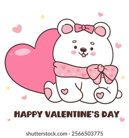 Polar bear cub card valentine animals with big heart (Cute cartoon). Series: kawaii sticker whimsical characters. Perfect for romantic wedding vector Flat clipart banner t shirt design and background.