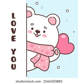 Polar bear cub card valentine animals greeting posture with snow (Cute cartoon). Series: kawaii sticker whimsical characters. Perfect for romantic wedding vector Flat clipart banner t shirt design.