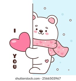 Polar bear cub card valentine animals holding heart greeting (Cute cartoon). Series: kawaii sticker whimsical characters. Perfect for romantic wedding vector Flat clipart banner t shirt design.