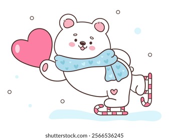 Polar bear cub card valentine animals holding heart play ice skating (Cute cartoon). Series: kawaii sticker whimsical characters. Perfect for romantic wedding vector Flat clipart banner t shirt design