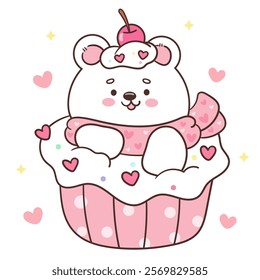 Polar bear cub card valentine animals in sweet cupcake (Cute cartoon). Series: kawaii sticker whimsical characters.Perfect for romantic wedding vector Flat clipart banner t shirt design and background