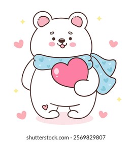 Polar bear cub card valentine animals hug small heart (Cute cartoon). Series: kawaii sticker whimsical characters. Perfect for romantic wedding vector Flat clipart banner t shirt design and background