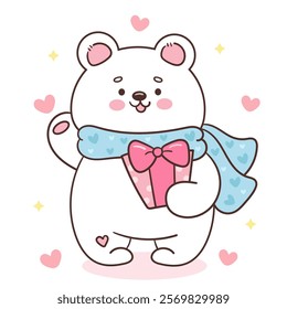 Polar bear cub card valentine animals hug gift (Cute cartoon). Series: kawaii sticker whimsical characters. Perfect for romantic wedding vector Flat clipart banner t shirt design and background.