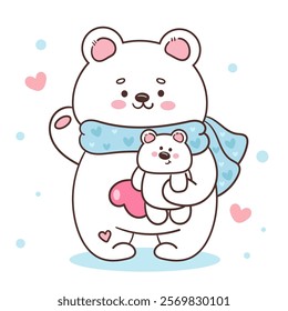 Polar bear cub card valentine animals hug little bear (Cute cartoon). Series: kawaii sticker whimsical characters. Perfect for romantic wedding vector Flat clipart banner t shirt design and background