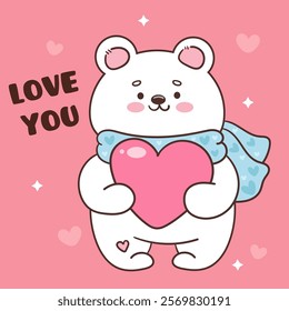 Polar bear cub card valentine animals hug big heart (Cute cartoon). Series: kawaii sticker whimsical characters. Perfect for romantic wedding vector Flat clipart banner t shirt design and background.