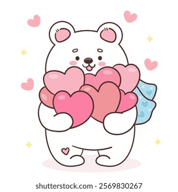 Polar bear cub card valentine animals hug pink hearts (Cute cartoon). Series: kawaii sticker whimsical characters. Perfect for romantic wedding vector Flat clipart banner t shirt design and background