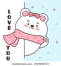 Polar bear cub card valentine animals greeting baby girl (Cute cartoon). Series: kawaii sticker whimsical characters. Perfect for romantic wedding vector Flat clipart banner t shirt design.