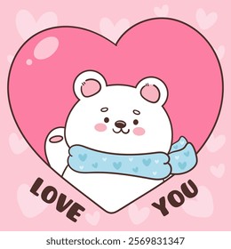 Polar bear cub card valentine animals baby boy (Cute cartoon). Series: kawaii sticker whimsical characters. Perfect for romantic wedding vector Flat clipart banner t shirt design and background.