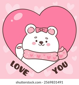 Polar bear cub card valentine animals baby girl (Cute cartoon). Series: kawaii sticker whimsical characters. Perfect for romantic wedding vector Flat clipart banner t shirt design and background.