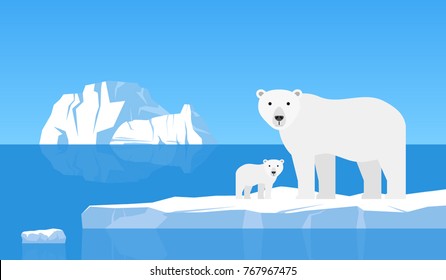 Polar Bear With Cub On Drift Ice.arctic  Landscape