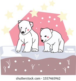 Polar bear and cub on ice float.cute vector
