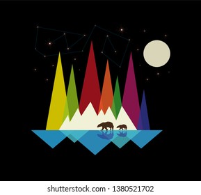 Polar bear and cub on an iceberg on a background of the sky. Vector illustration