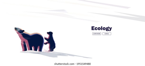 Polar bear with a bear cub on a white background. Vector banner