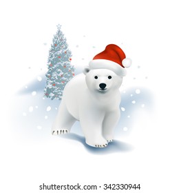 Polar bear cub with Santa hat and Christmas tree in snowfall. 
Hand drawn vector illustration on white background.
