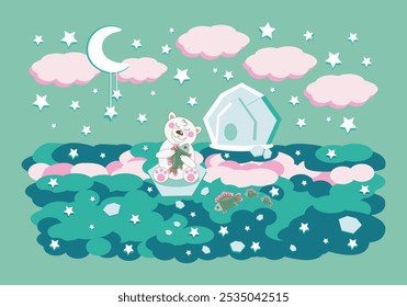 Polar bear cub sitting on ice floe near water and ice house with fish under moon and stars - fairy tale background, color horizontal vector for design of wallpapers for nursery or playroom