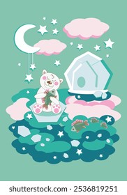 Polar bear cub sitting on ice floe near water and ice house with fish under moon and stars - fairy tale background, color vertical vector illustration for design of wallpapers for nursery or playroom