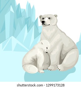 Polar bear with cub sitting together on ice. Teddy bear with baby in Arctic. Mountains of ice and snow. Winter landscape. Mother and child. Vector illustration greeting card. Flat cartoon drawing