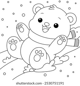 Página para colorear de contorno de Polar Bear Cub Sliding Down a Snow Hill. Navidades e ilustración de animales de invierno