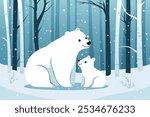 Polar bear with cub in snowy forest. Polar bear mother caresses her cub against the background of beautiful forest in snowy weather. Christmas vector illustration.