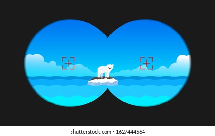polar bear cub standing on melting floe iceberg in ocean binoculars view