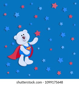 Polar bear cub is super. Blue background with stars and an openwork ribbon. Design for a banner, poster, postcard. Invitation card or template for children's products.