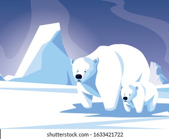 polar bear with cub at the winter landscape, mother and child vector illustration design