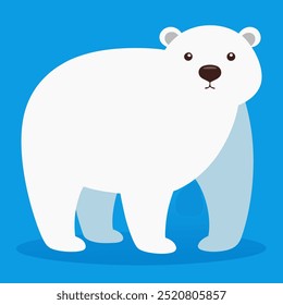 A polar bear is currently standing prominently on a bright blue background