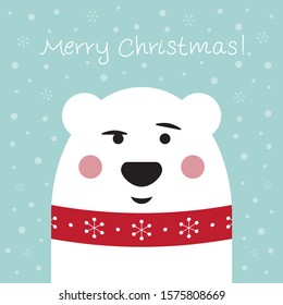 Polar bear. Cute arctic northern animal. Christmas and New Year greeting card. Cartoon vector illustration