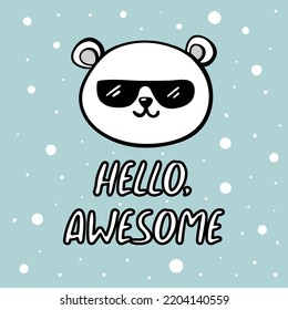 Polar bear cute childrens illustration with a text hello awesome for kids. Nursery baby shower vector illustration for boy or girl birthday celebration in pastel colors
