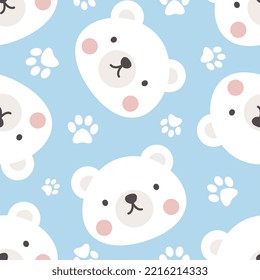 Polar bear cute face with footprints texture, kids pastel blue woodland animals seamless pattern for wrapping paper, fabric and textile print.