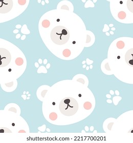 Polar bear cute face with footprints texture, kids baby blue color woodland animals seamless pattern for wrapping paper, fabric and textile print.
