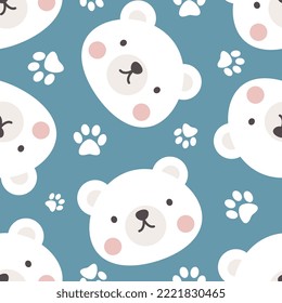 Polar bear cute face with footprints texture, kids blue woodland animals seamless pattern for wrapping paper, fabric and textile print.