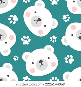Polar bear cute face with footprints texture, kids deep blue woodland animals seamless pattern for wrapping paper, fabric and textile print.