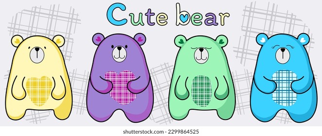 polar bear cute pastel Graphic drawing, a collection of 4 figures, with a cool scotch pattern.