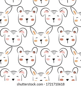 Polar bear cute seamless doodle pattern vector. Childish cartoon background with cheerful teddy animals.